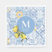 Zitronenfrucht-Monogramm, blaue Fliese Serviette (Vorderseite)