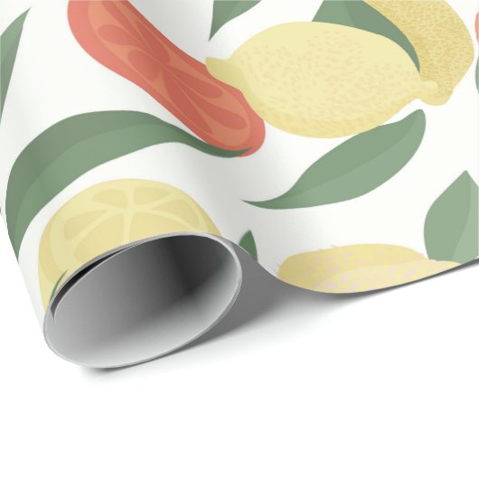 Zitronenfrüchte und Orangenfrüchte mit Blätter auf Geschenkpapier (Rolleneckpunkt)