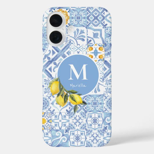 Zitronenfruchtmonogramm, blaue Kachel Case-Mate iPhone Hülle (Rückseite)
