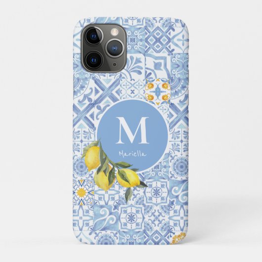 Zitronenfruchtmonogramm, blaue Kachel Case-Mate iPhone Hülle (Rückseite)