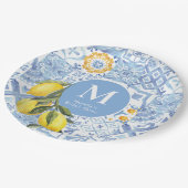 Zitronenfruchtmonogramm, blaue Kachel Pappteller (Schrägansicht)