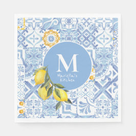 Zitronenfruchtmonogramm, blaue Kachel Serviette