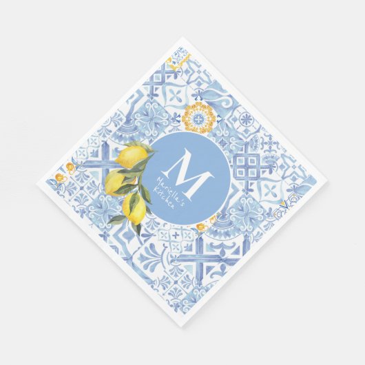Zitronenfruchtmonogramm, blaue Kachel Serviette (Ecke)