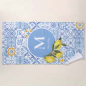 Zitronenfruchtmonogramm, blaue Kachel Strandtuch (Vorderseite)