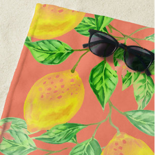 Zitronenfruchtmuster gelb und pfirsichrosa strandtuch