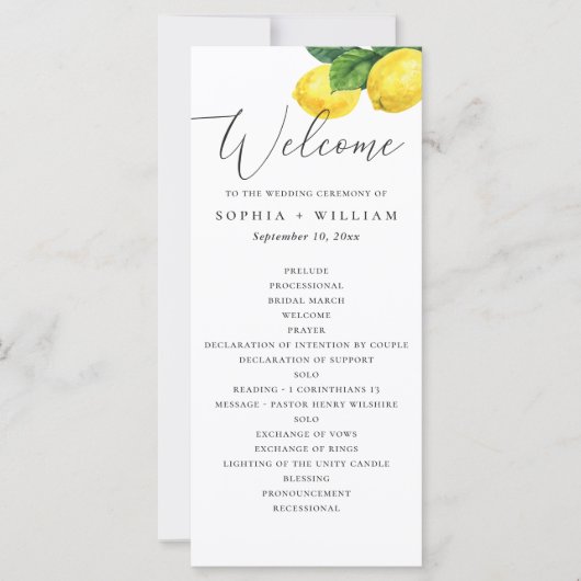 Zitronengarten-Hochzeitsprogramm | Zitruszeremonie (Vorderseite)