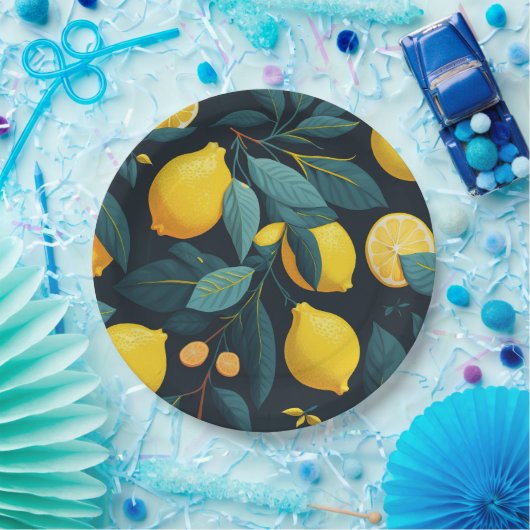 Zitronengarten-Muster. Gelbe tropische Zitrusfrüch Pappteller (Party)