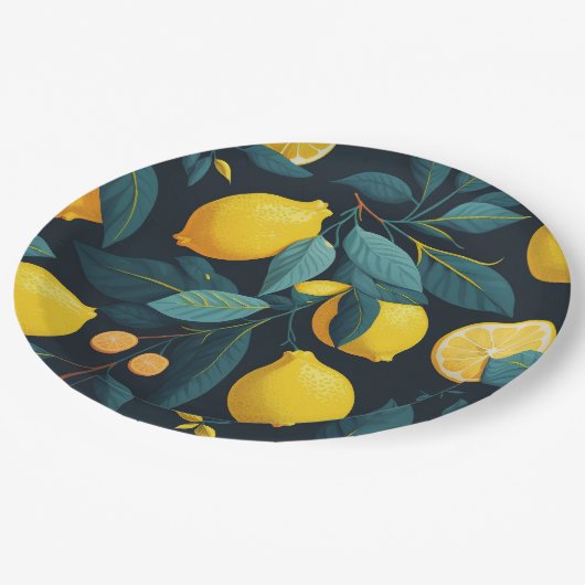 Zitronengarten-Muster. Gelbe tropische Zitrusfrüch Pappteller (Schrägansicht)