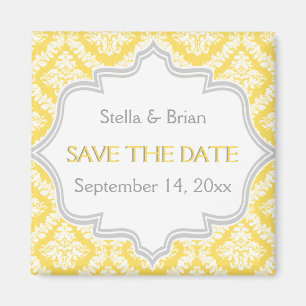 Zitronengelb, graue Damast-Hochzeit Save the Date Magnet