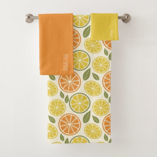 Zitronengelb orange Muster weißer Name Badhandtuch Set (Insitu)
