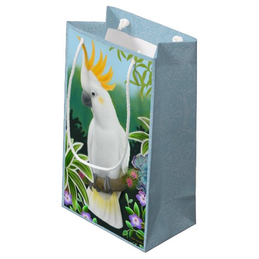 Zitronengelbe Cockatoo-Papageien-Geschenk-Tasche Kleine Geschenktüte (Rückseite Schrägansicht)
