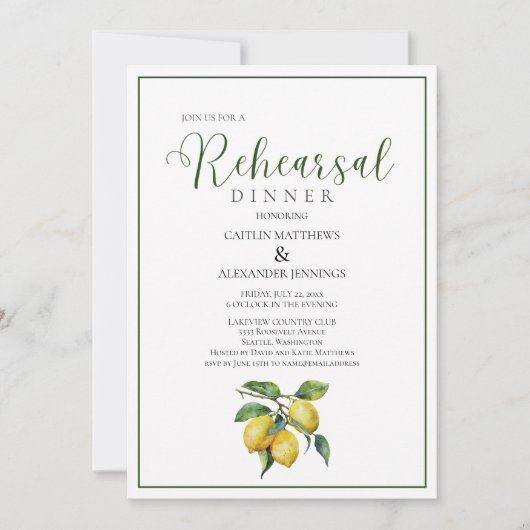 Zitronengelbe Florale Hochzeitsprobe-Dinner Einladung (Vorderseite)