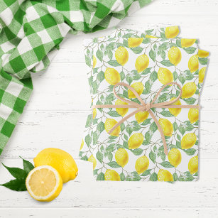 Zitronengelbe, weiße, grüne Sommermuster Geschenkpapier Set