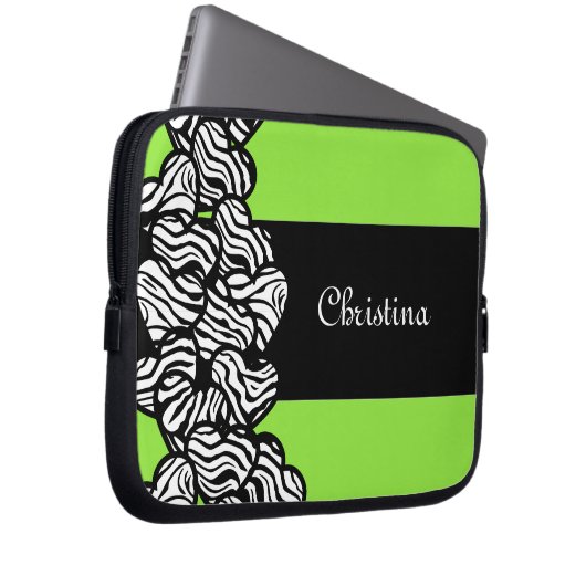 Zitronengrün Schwarz-weißer Zebramuster Herzname Laptopschutzhülle (Vorne Rechts)