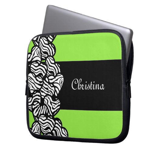 Zitronengrün Schwarz-weißer Zebramuster Herzname Laptopschutzhülle (Vorderseite Links)