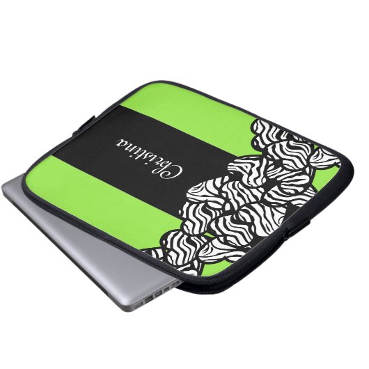 Zitronengrün Schwarz-weißer Zebramuster Herzname Laptopschutzhülle (Vorne Knopf)