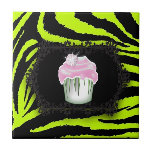 Zitronengrün Zebraprint Rosa Cupcake 16 . Geburtst Fliese (Vorderseite)