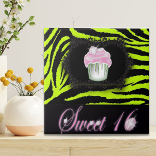 Zitronengrün Zebraprint Rosa Cupcake 16 . Geburtst Fliese