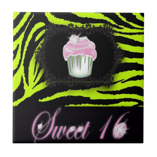 Zitronengrün Zebraprint Rosa Cupcake 16 . Geburtst Fliese (Vorderseite)