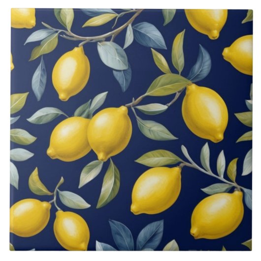 Zitronenmuster auf dunklem Marineblau Fliese (Vorderseite)