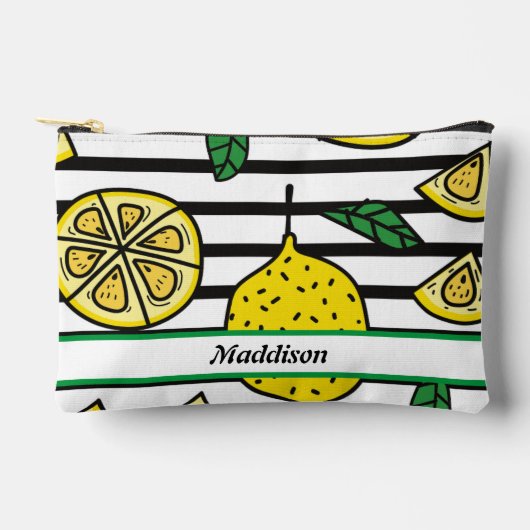 Zitronenmuster auf Schwarz-Weiß-Streifen Zubehörtasche (Vorderseite)