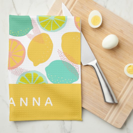 Zitronenmuster in Aquamarin-gelb-Personalisiert Geschirrtuch (Viertel Falte)