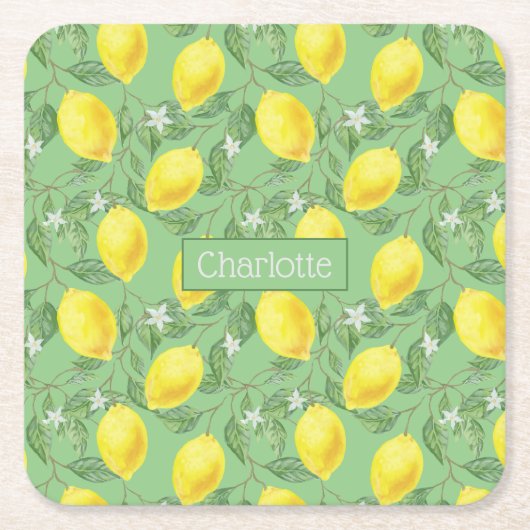 Zitronenmuster individuelle Name gelb grün Rechteckiger Pappuntersetzer (Vorderseite)