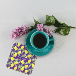 Zitronenmuster individuelle Name gelb lila Rechteckiger Pappuntersetzer