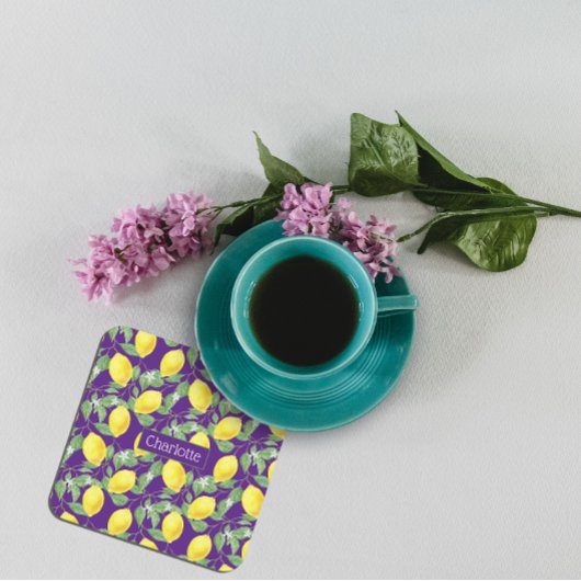 Zitronenmuster individuelle Name gelb lila Rechteckiger Pappuntersetzer