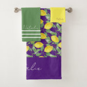 Zitronenmuster lila grüner Name Badhandtuch Set (Insitu)
