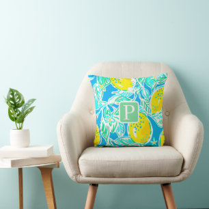 Zitronenmuster mit Monogramm in Blau und Preppy-St Kissen