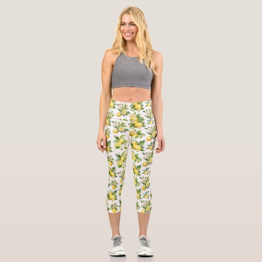 Zitronenmuster, Zitronen-Blume, Blätter, Zitrusfrü Capri Leggings (Vorderseite)