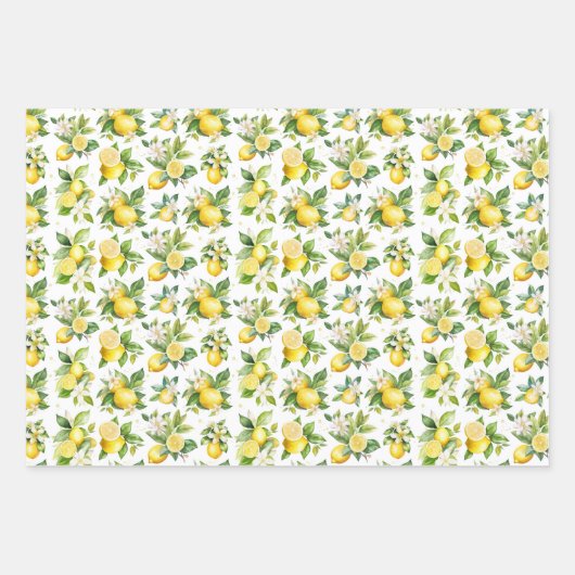 Zitronenmuster, Zitronen-Blume, Blätter, Zitrusfrü Geschenkpapier Set (Vorderseite)
