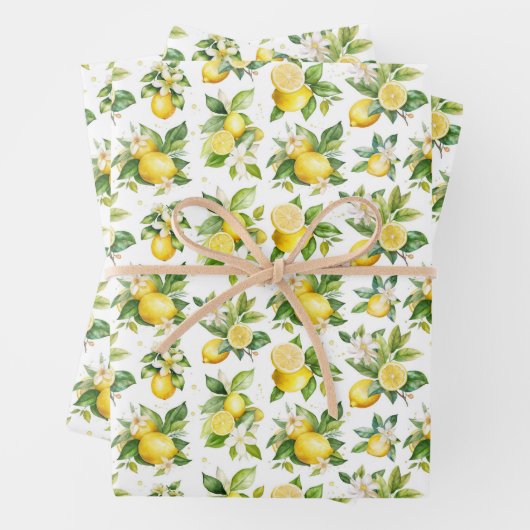 Zitronenmuster, Zitronen-Blume, Blätter, Zitrusfrü Geschenkpapier Set (Beispiel)