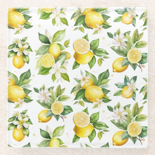 Zitronenmuster, Zitronen-Blume, Blätter, Zitrusfrü Glasuntersetzer (Vorderseite)