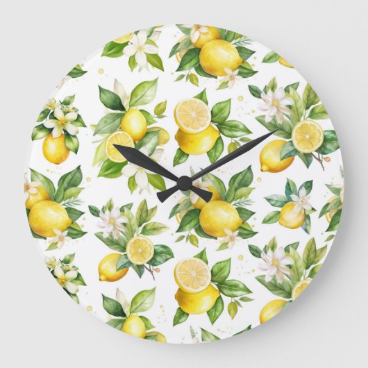 Zitronenmuster, Zitronen-Blume, Blätter, Zitrusfrü Große Wanduhr (Vorderseite)