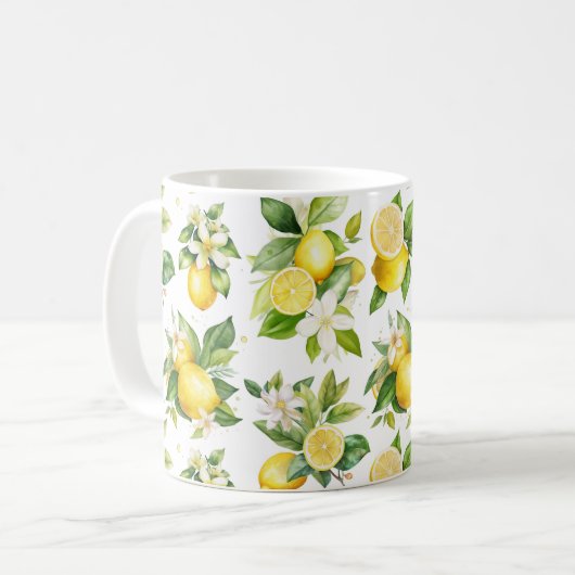 Zitronenmuster, Zitronen-Blume, Blätter, Zitrusfrü Kaffeetasse (Vorderseite Links)