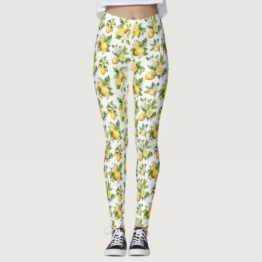 Zitronenmuster, Zitronen-Blume, Blätter, Zitrusfrü Leggings (Vorderseite)