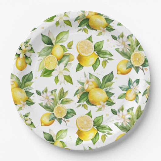 Zitronenmuster, Zitronen-Blume, Blätter, Zitrusfrü Pappteller (Vorderseite)