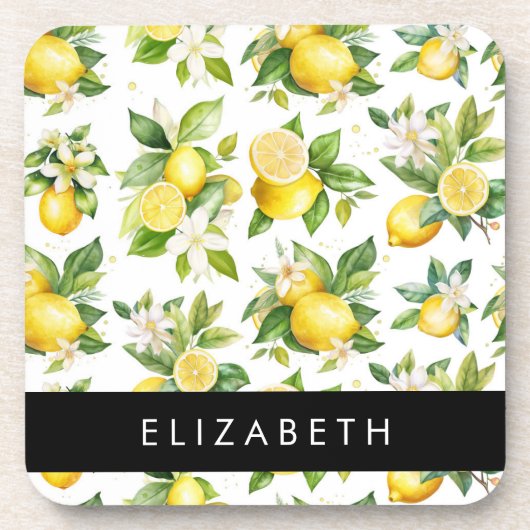 Zitronenmuster, Zitronenmuster, Blume, Blätter, Ih Getränkeuntersetzer (Vorderseite)