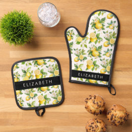 Zitronenmuster, Zitronenmuster, Blume, Blätter, Ih Ofenhandschuh & Topflappen-Set