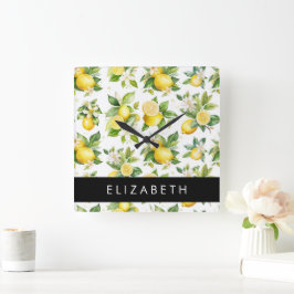 Zitronenmuster, Zitronenmuster, Blume, Blätter, Ih Quadratische Wanduhr