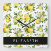 Zitronenmuster, Zitronenmuster, Blume, Blätter, Ih Quadratische Wanduhr (Vorderseite)