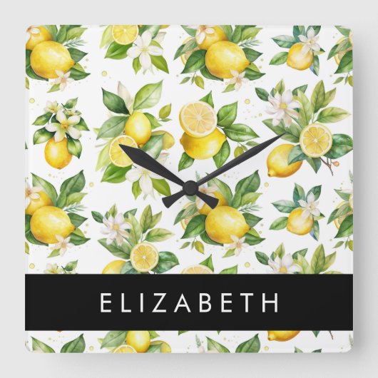 Zitronenmuster, Zitronenmuster, Blume, Blätter, Ih Quadratische Wanduhr (Vorderseite)