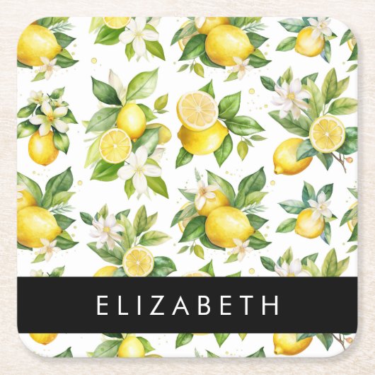 Zitronenmuster, Zitronenmuster, Blume, Blätter, Ih Rechteckiger Pappuntersetzer (Vorderseite)