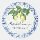 Zitronenzitrus w Leaf Foliage Blue n White Pattern Runder Aufkleber (Vorderseite)