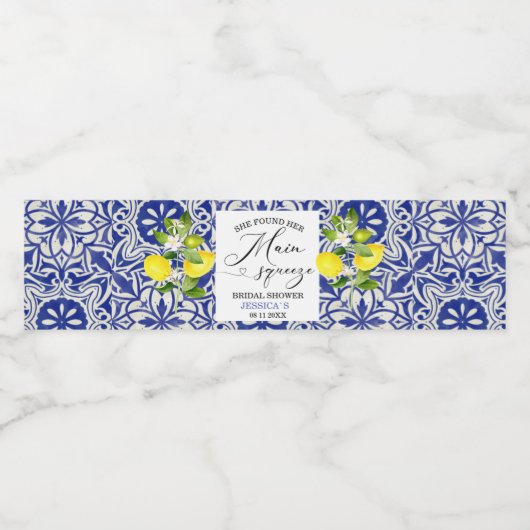 Zitronenzweig und blaues Mosaik-Brautparty Wasser Wasserflaschenetikett (Einzelnes Label)