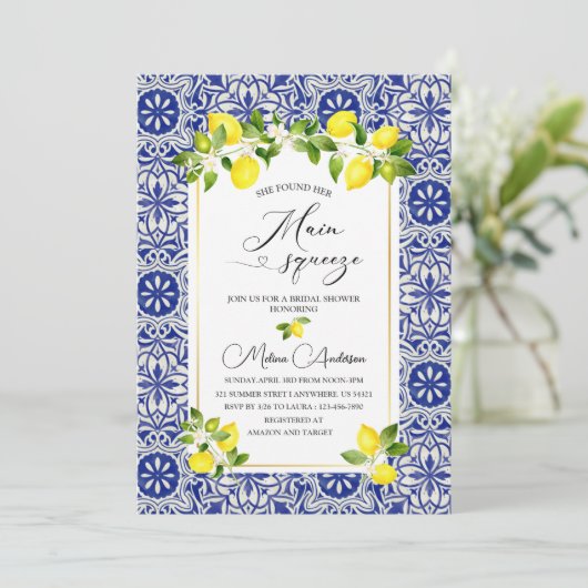 Zitronenzweig und blaues Mosaikwasser-Farbe Brauts Einladung (Stehend Vorderseite)