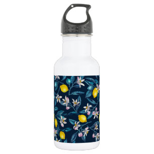 Zitronenzweige mit Blüten und blauen Früchten Edelstahlflasche