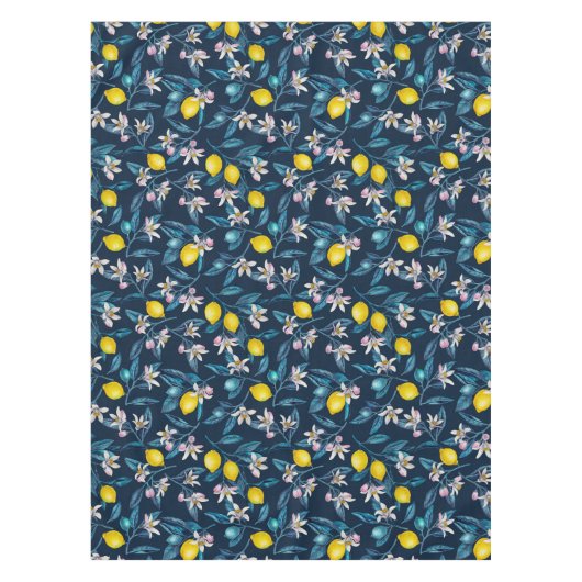 Zitronenzweige mit Blüten und blauen Früchten Tischdecke (Vorderseite)